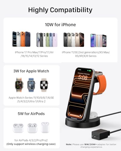 Anlmz 3 in 1 Charging Station - Wireless Charger for Apple Multiple Devices | Fast Charge Stand for iPhone 17-8 iWatch Airpods 4 3 Pro No Tangled Cables Ideal for Desk Bedside with 18W Adapter Black